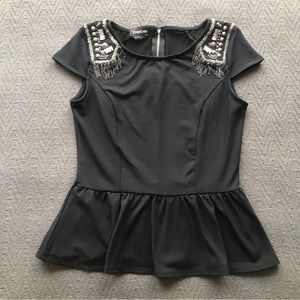 Bebe Black Embellished Shoulders Blouse Top Peplum Hem Chains Studs Beads Small